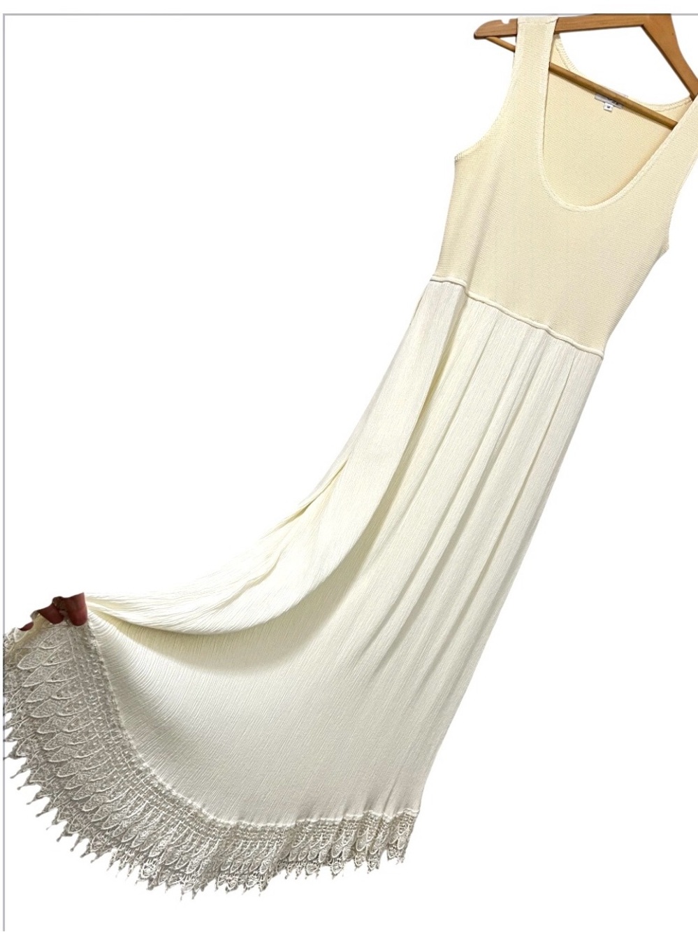 Mazi Cream Maxi Dress with Waffle Knit Top and a Crochet Hem
